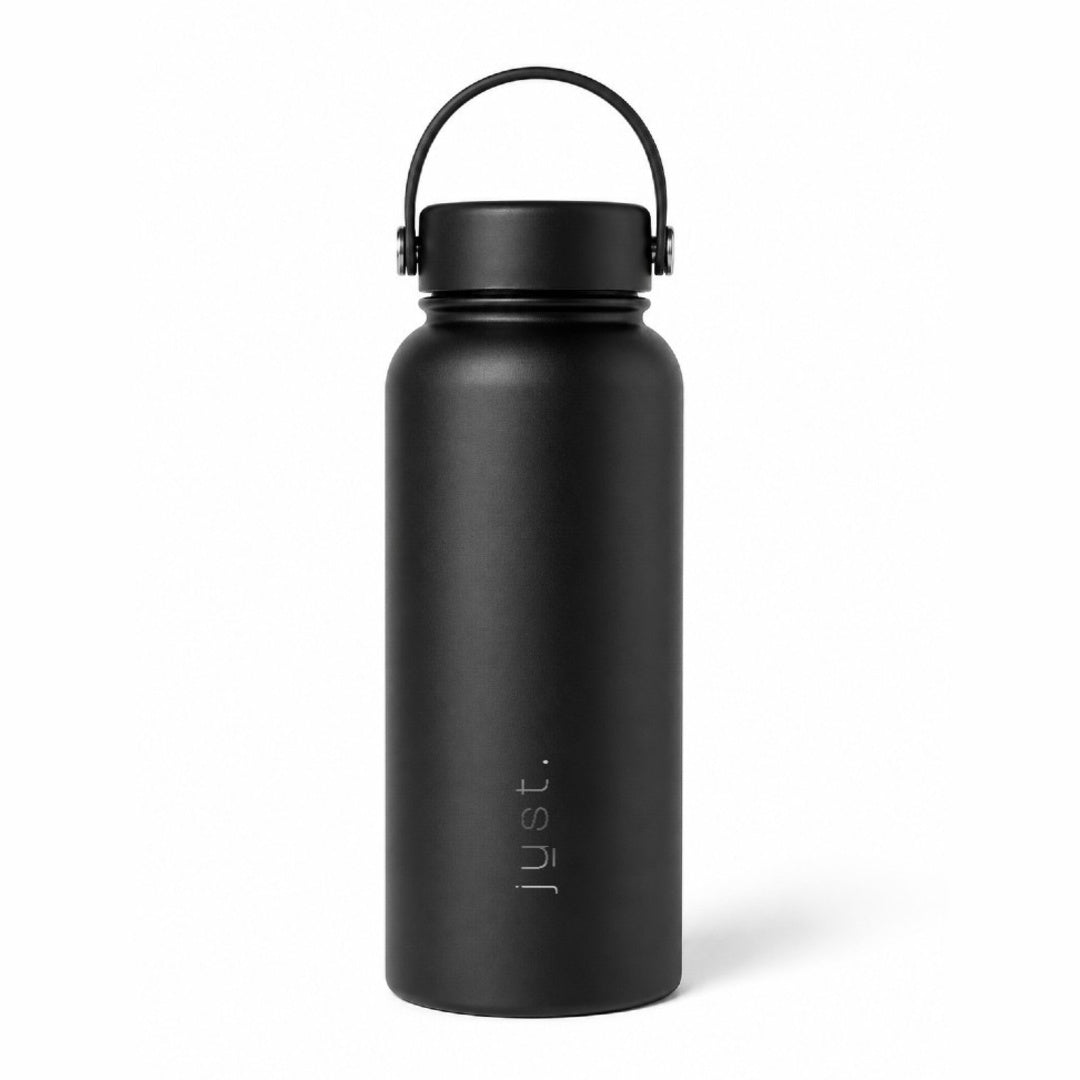 1 litre 34oz black reusable stainless steel water bottle from Just Bottle front view