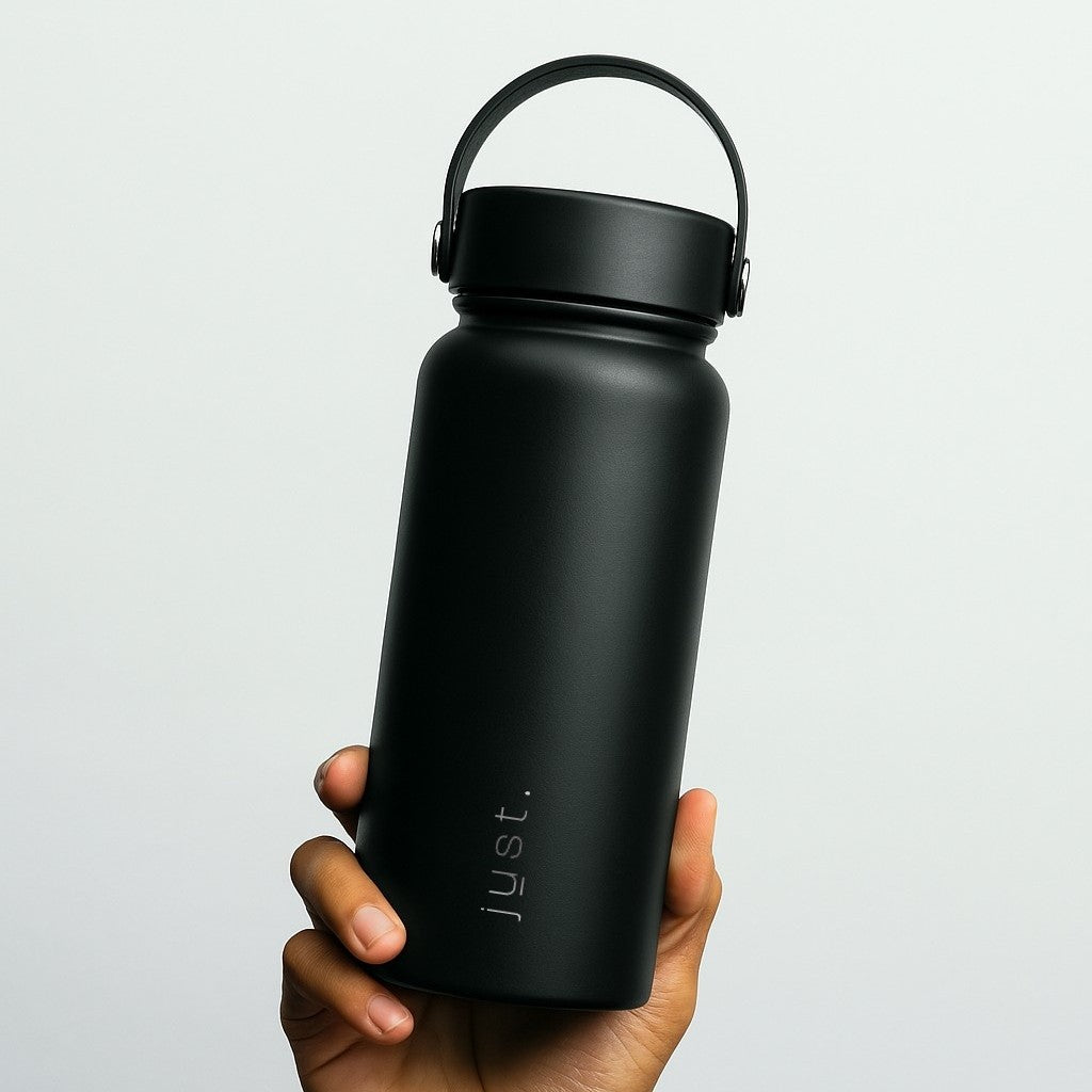 black stainless steel reusable water bottle made with durable material