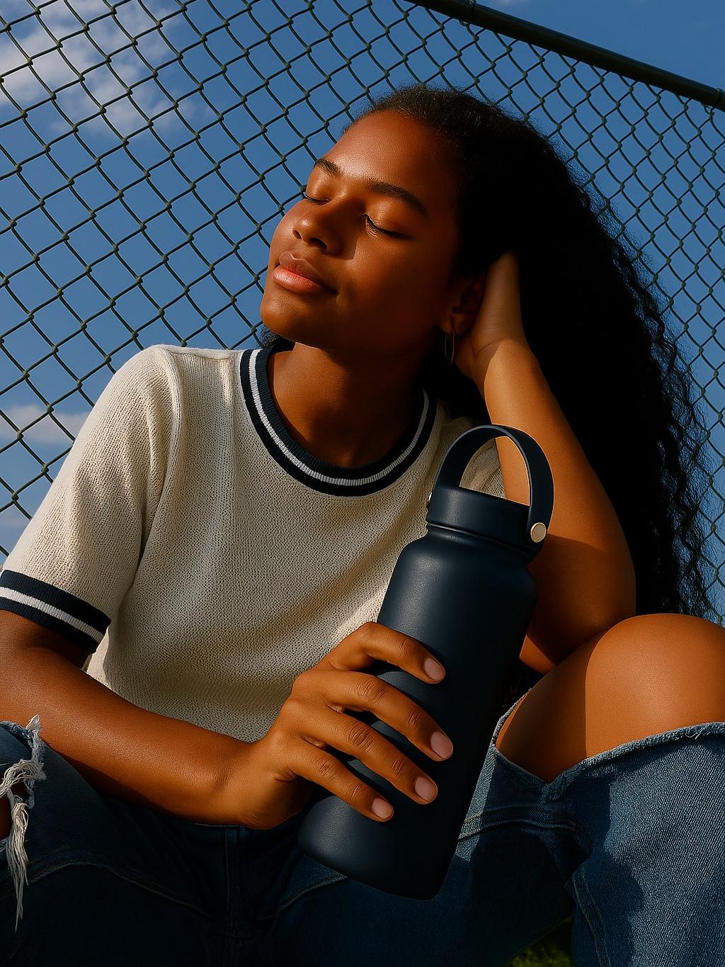 Person holding a blue 1L 34 oz reusable water bottle against a blue sky with a fence.