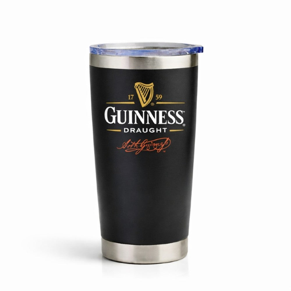 Custom 20oz Travel Tumbler with Guinness branding on a white background