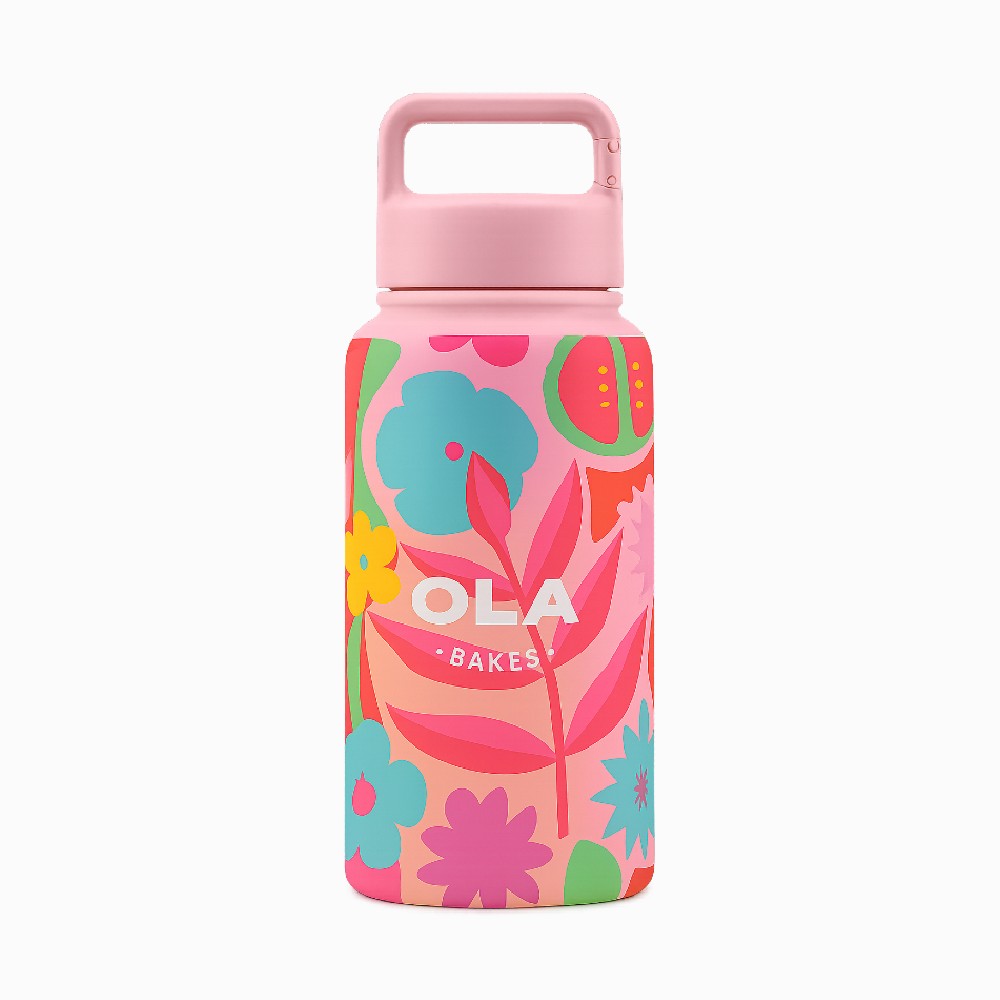 Custom logo pink reusable water bottle with flower wrap around logo - Just Bottle Clipper 700ml (25oz)