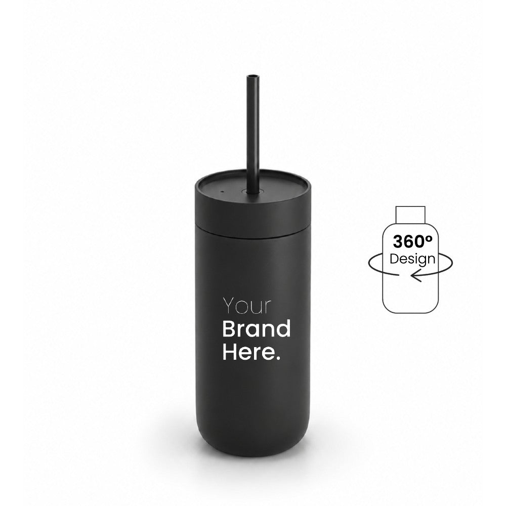 Black 500ml 16oz Custom logo "Your brand here" stainless steel tumbler with straw, front view on a white background
