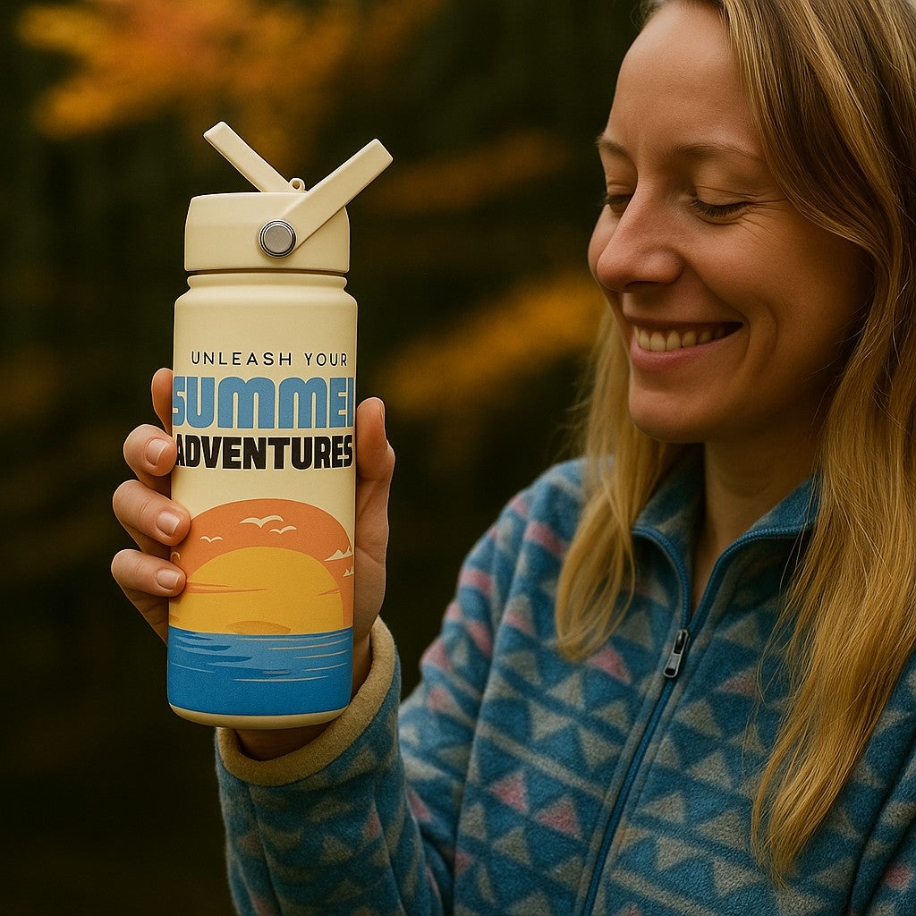 lady holding a reusable water bottle with a colour logo wrap printed