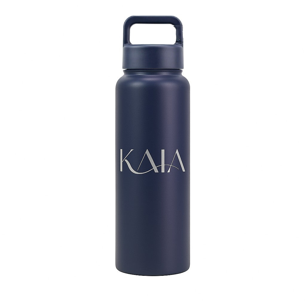 Navy blue 40oz water bottle with custom laser logo - Just Bottle