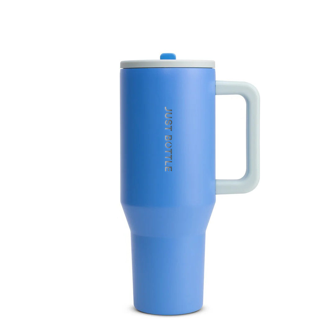 40oz insulated tumbler with straw lid in light blue with grey handle, front view