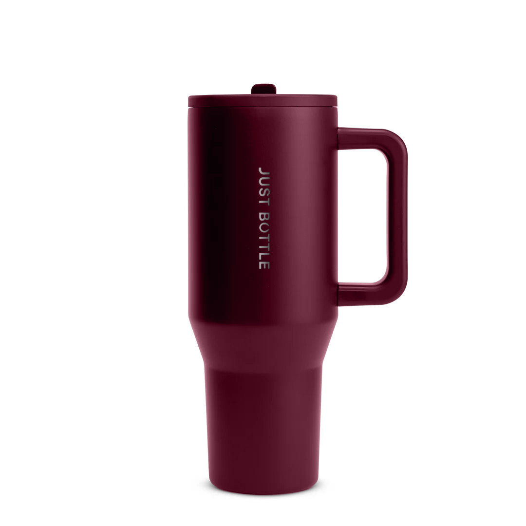 40oz insulated tumbler with straw lid in red, front view