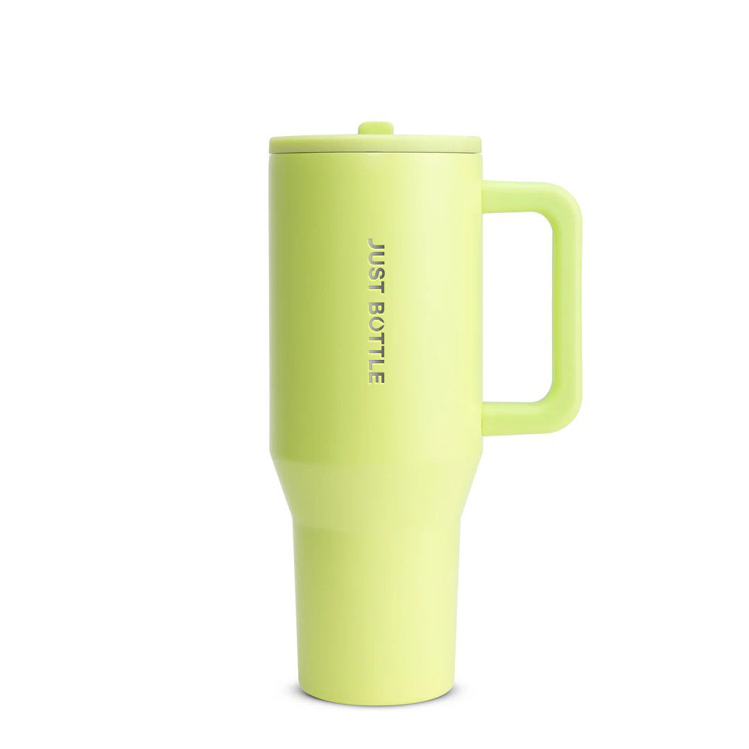 40oz insulated tumbler with straw lid in neon yellow, front view