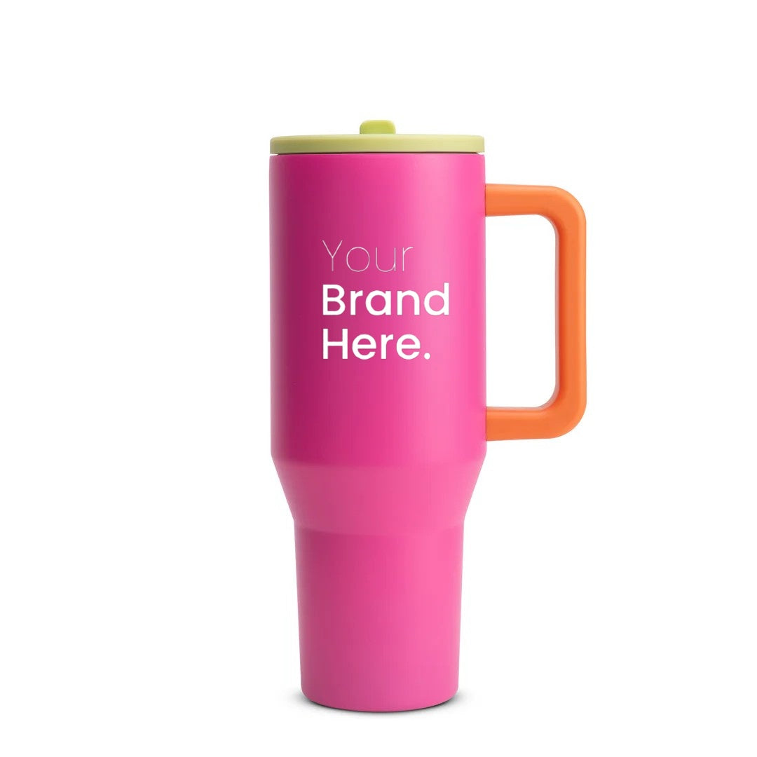 Pink custom logo insulated tumbler with orange handle