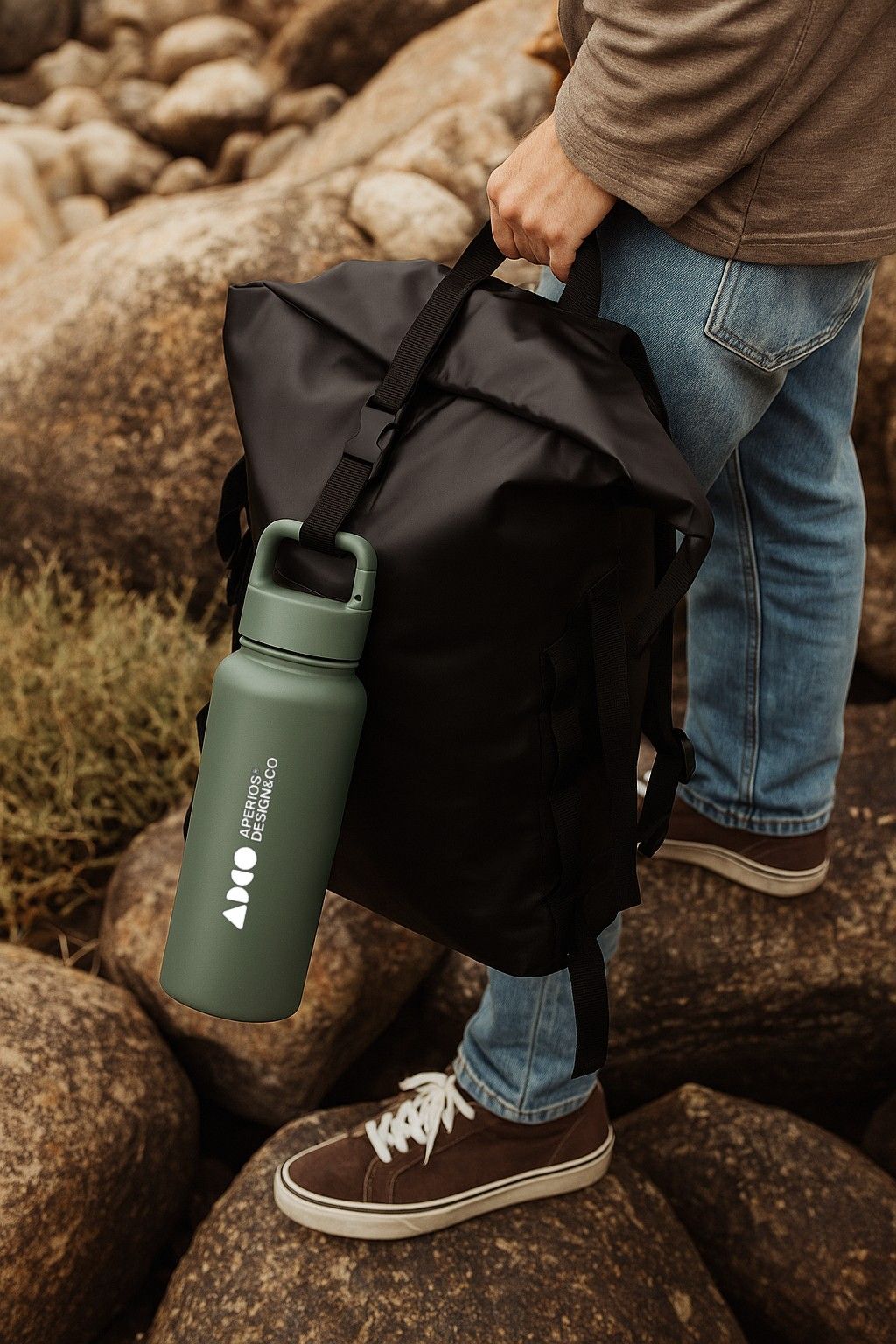 Extra large 1.2l (40oz) carabiner water bottle with custom print logo hanging from a black bag - Just Bottle