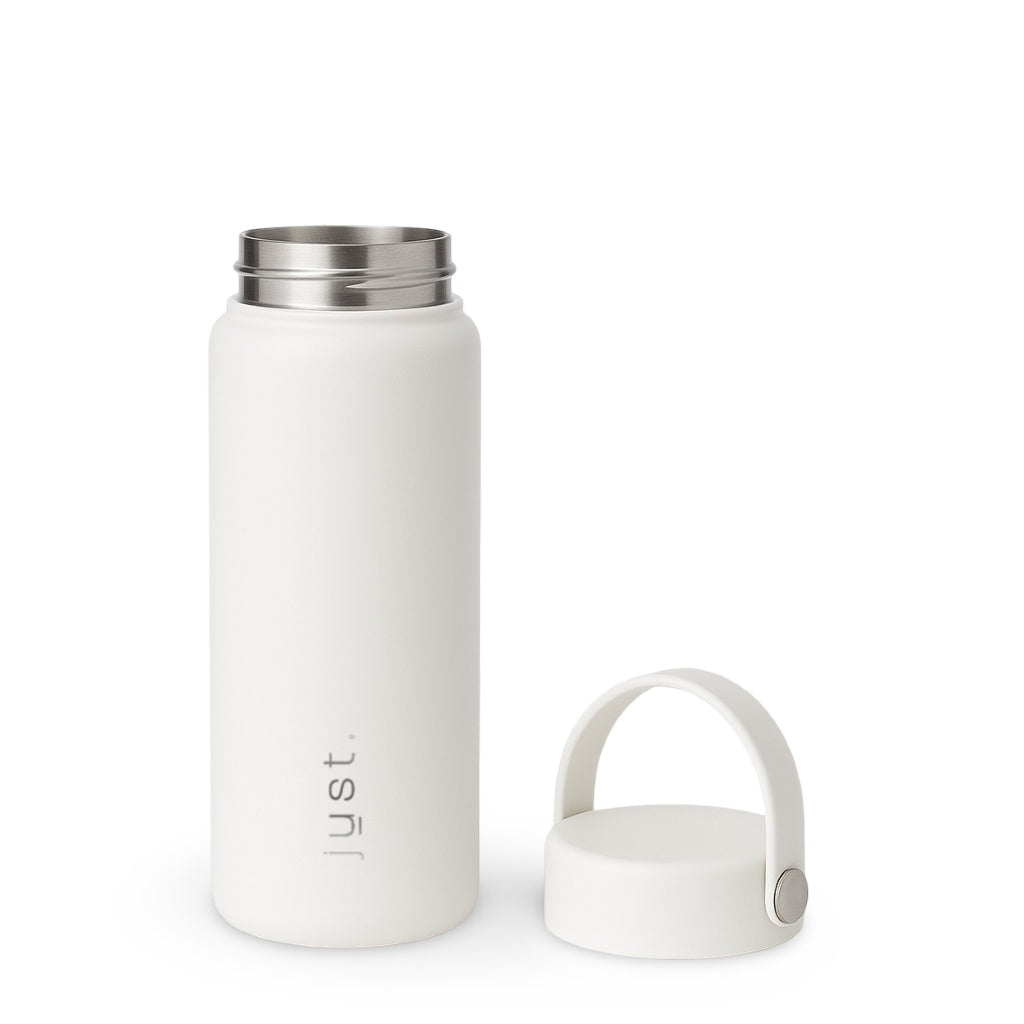 white water bottle next to lid with matching lid