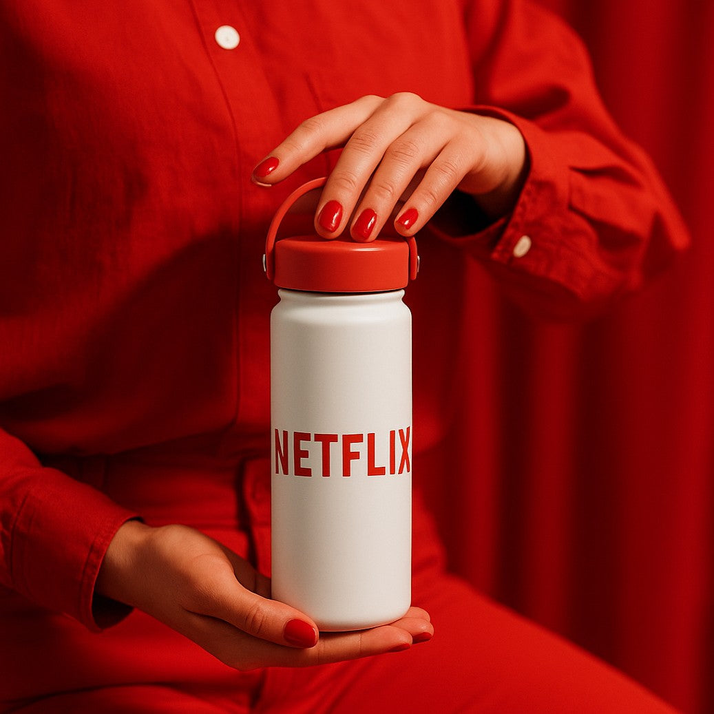 Person holding a white water reusable bottle with 'Netflix' branding against a red background