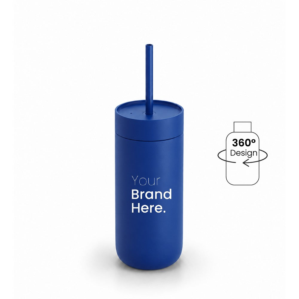 Blue 500ml 16oz Custom logo "Your brand here" stainless steel tumbler with straw, front view on a white background