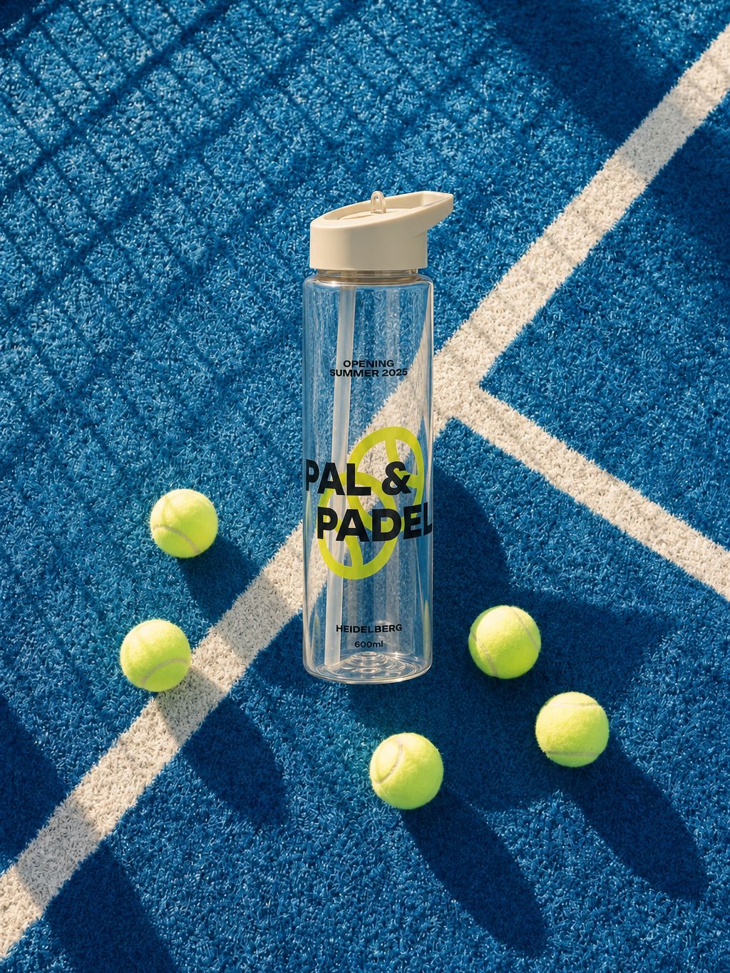Custom plastic water bottle with straw lid on a blue tennis court