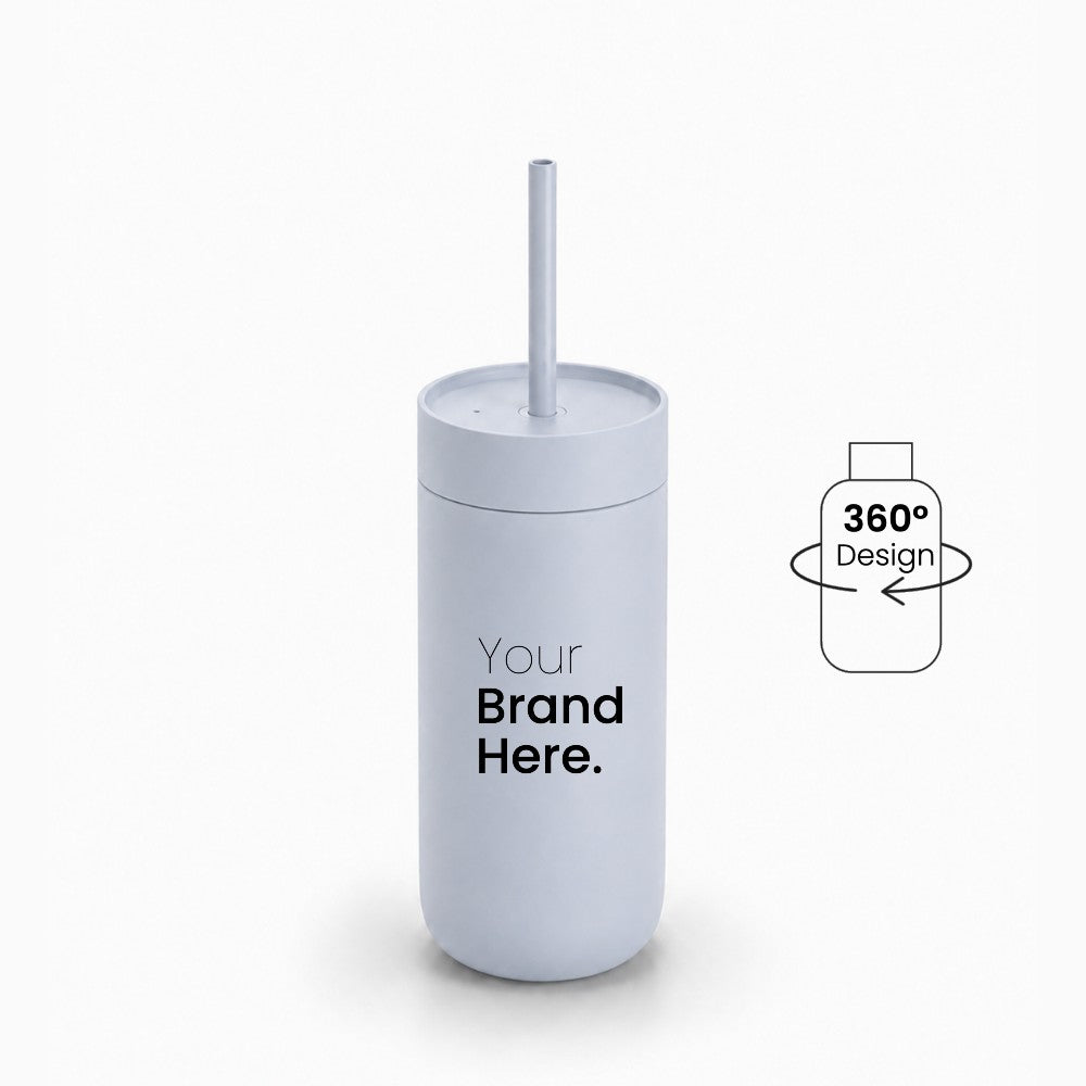 Light blue 500ml 16oz Custom logo "Your brand here" stainless steel tumbler with straw, front view on a white background