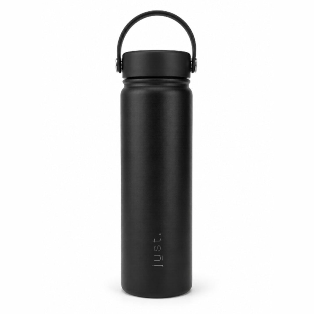 750ml Nomad stainless steel water bottle in black, front view