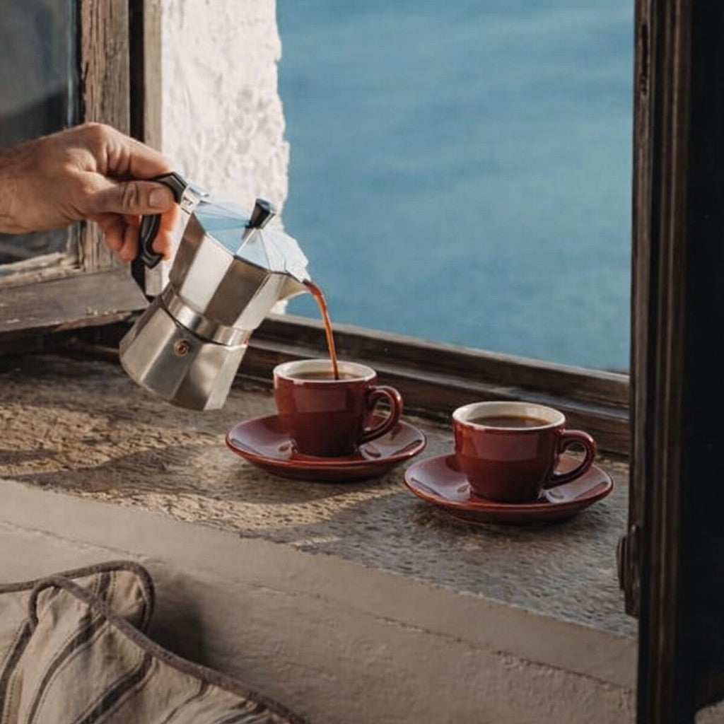 Person pouring coffee from a stovetop percolator into two red espresso cups and saucers on a windowsill with a scenic view.