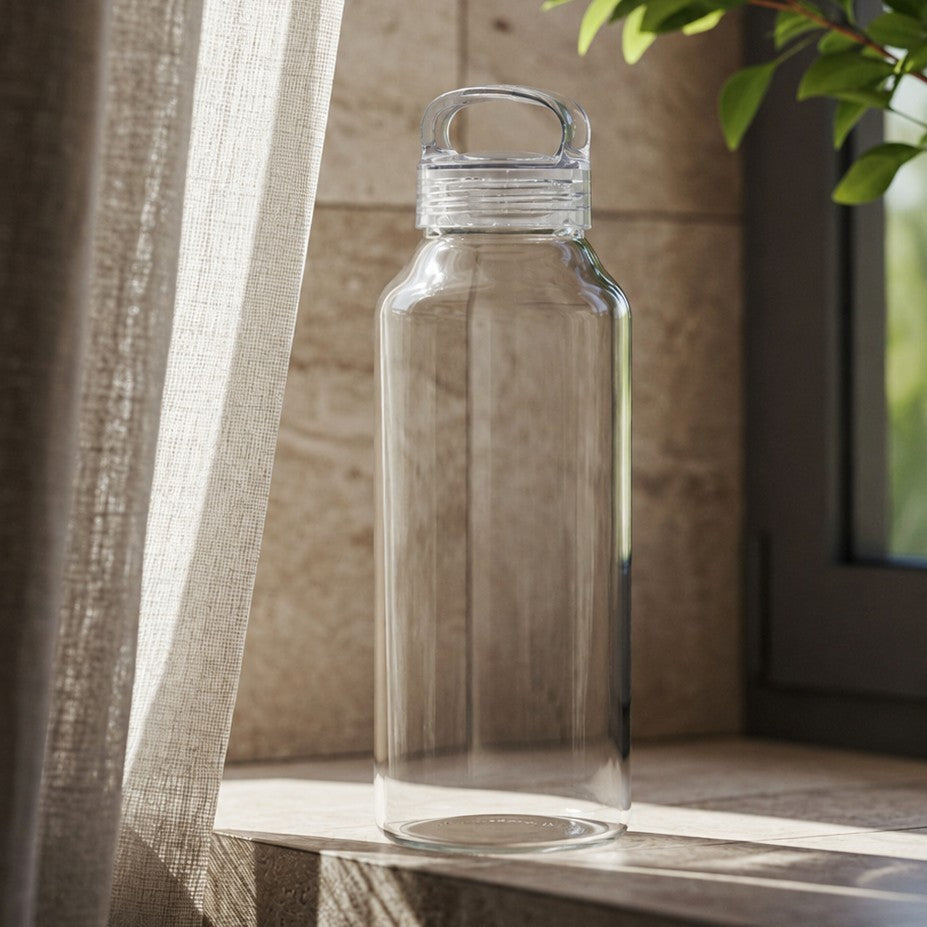 Just Bottle large borosilicate glass water bottle on a marble shelf