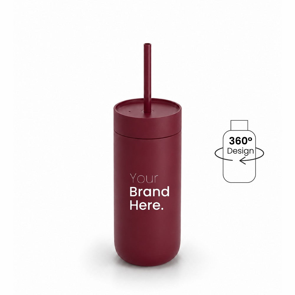 Dark red 500ml 16oz Custom logo "Your brand here" stainless steel tumbler with straw, front view on a white background