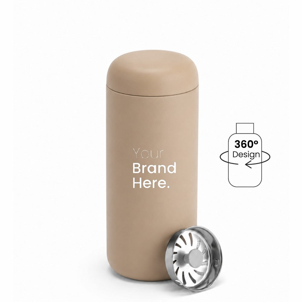 A linen beige custom logo leakproof tumbler with a matching lid, shown on a white background with a silver metal splash guard filter resting at its base. A graphic overlay on the right indicates '360° Design' is available