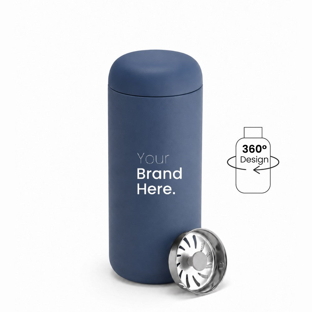 A matte navy blue custom logo leakproof tumbler with a matching lid, shown on a white background with a silver metal splash guard filter resting at its base. A graphic overlay on the right indicates '360° Design' is available