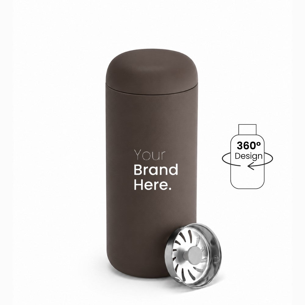 A dark brown custom logo leakproof tumbler with a matching lid, shown on a white background with a silver metal splash guard filter resting at its base. A graphic overlay on the right indicates '360° Design' is available