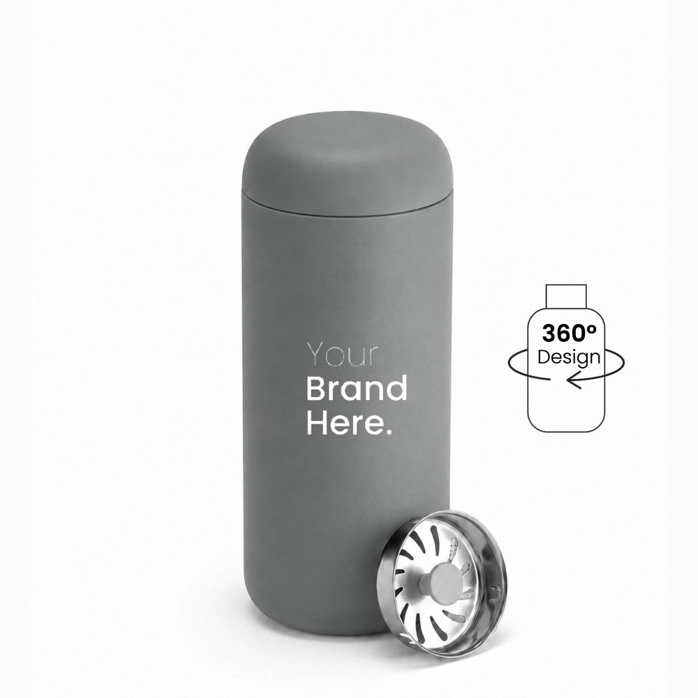 A gray custom logo leakproof tumbler with a matching lid, shown on a white background with a silver metal splash guard filter resting at its base. A graphic overlay on the right indicates '360° Design' is available