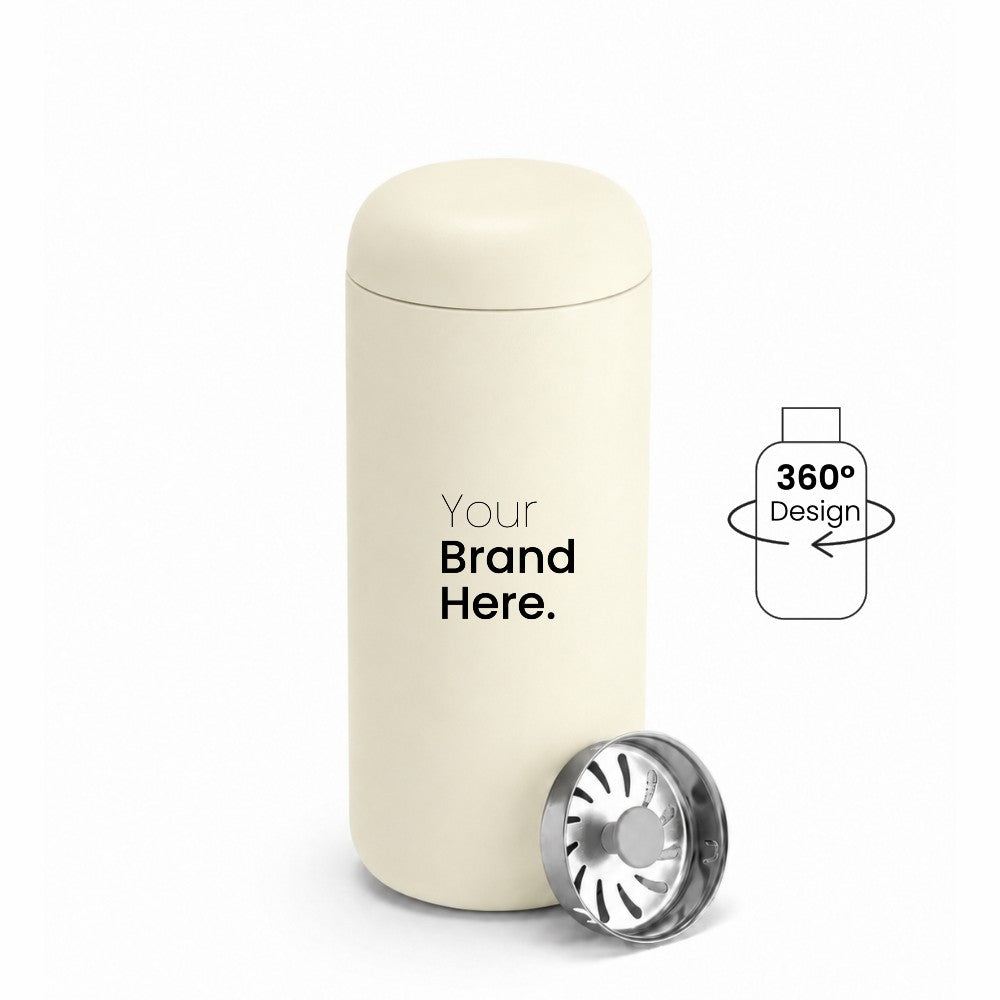 A off white custom logo leakproof tumbler with a matching lid, shown on a white background with a silver metal splash guard filter resting at its base. A graphic overlay on the right indicates '360° Design' is available