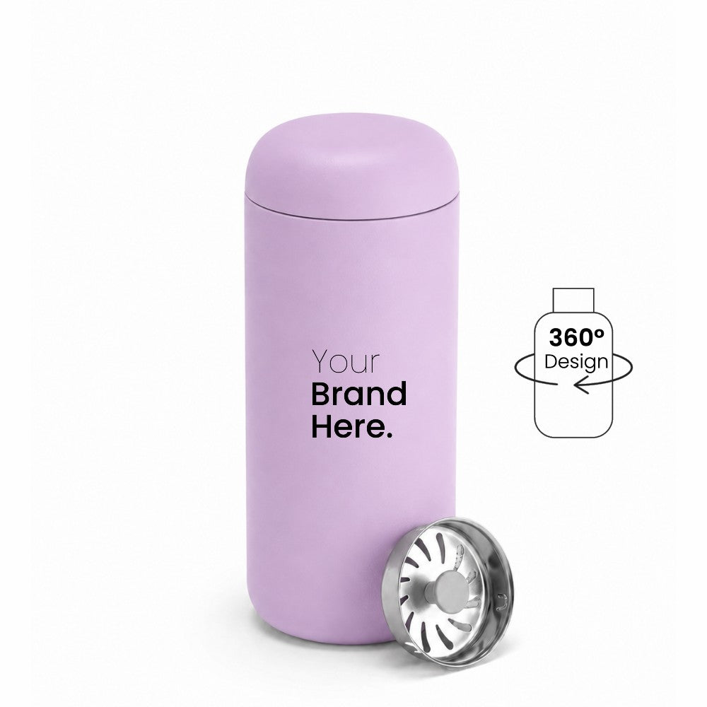 A light purple custom logo leakproof tumbler with a matching lid, shown on a white background with a silver metal splash guard filter resting at its base. A graphic overlay on the right indicates '360° Design' is available