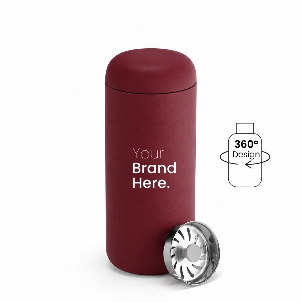 A dark red custom logo leakproof tumbler with a matching lid, shown on a white background with a silver metal splash guard filter resting at its base. A graphic overlay on the right indicates '360° Design' is available