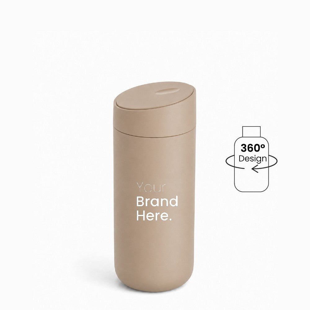 Linen beige custom logo stainless steel travel tumbler with "your brand here", front view on a white background