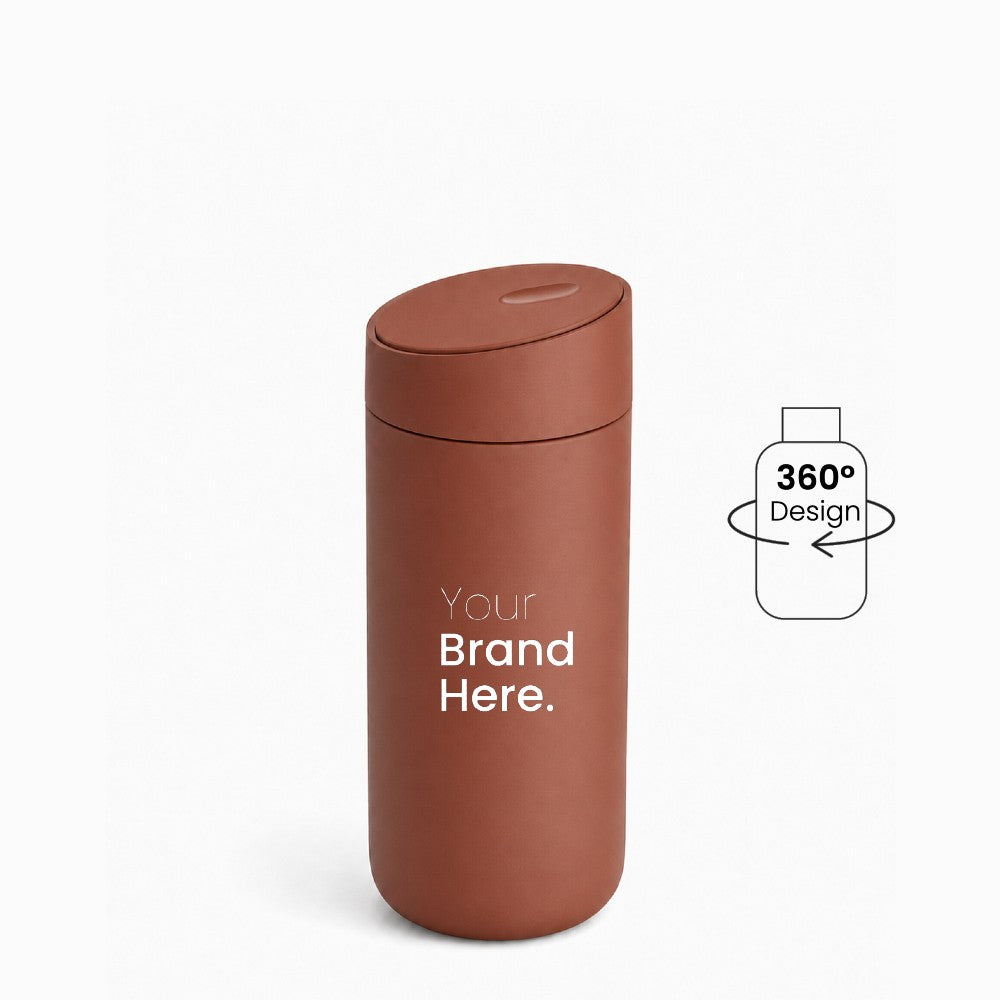 Brown bronze custom logo stainless steel travel tumbler with "your brand here", front view on a white background