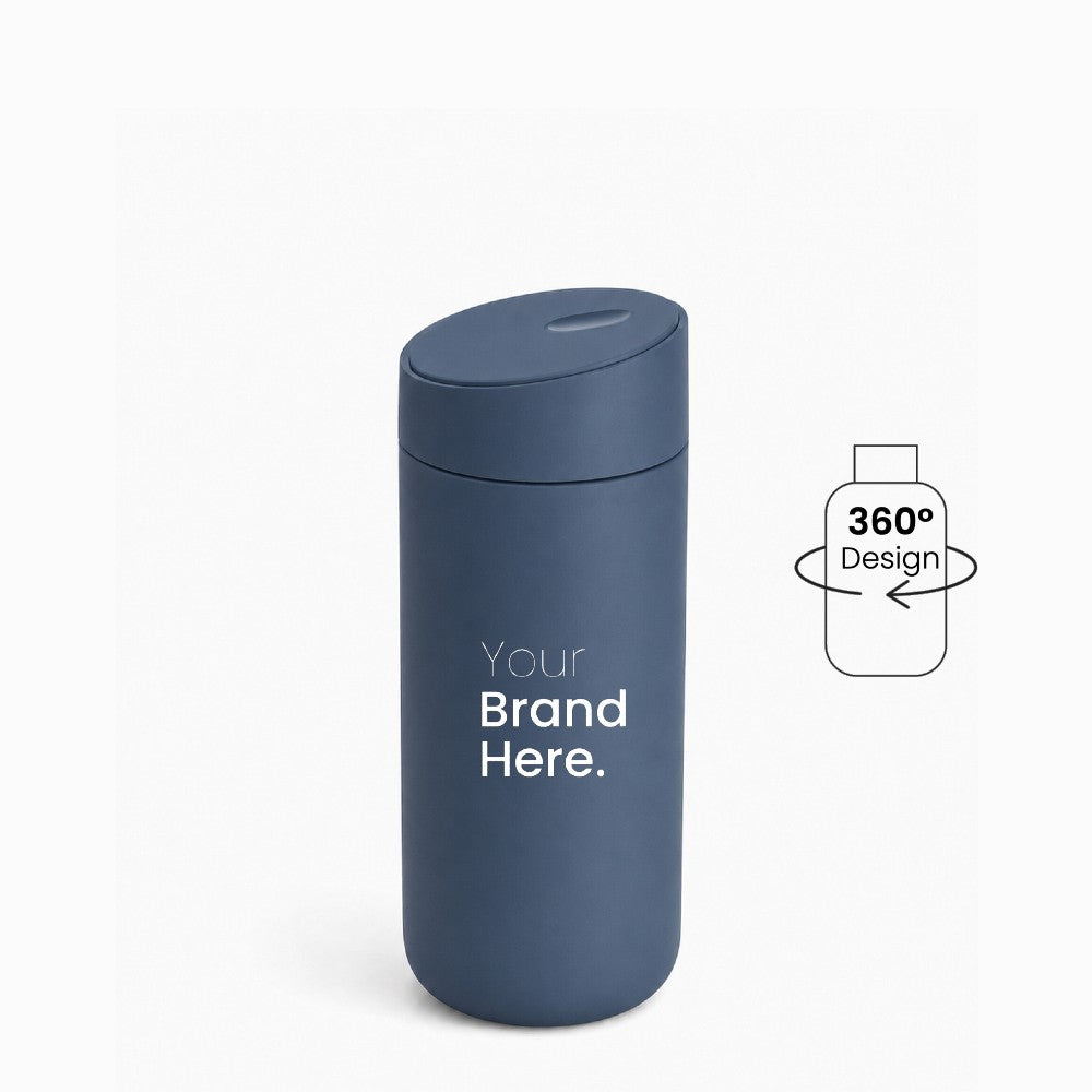 Dark blue custom logo stainless steel travel tumbler with "your brand here", front view on a white background