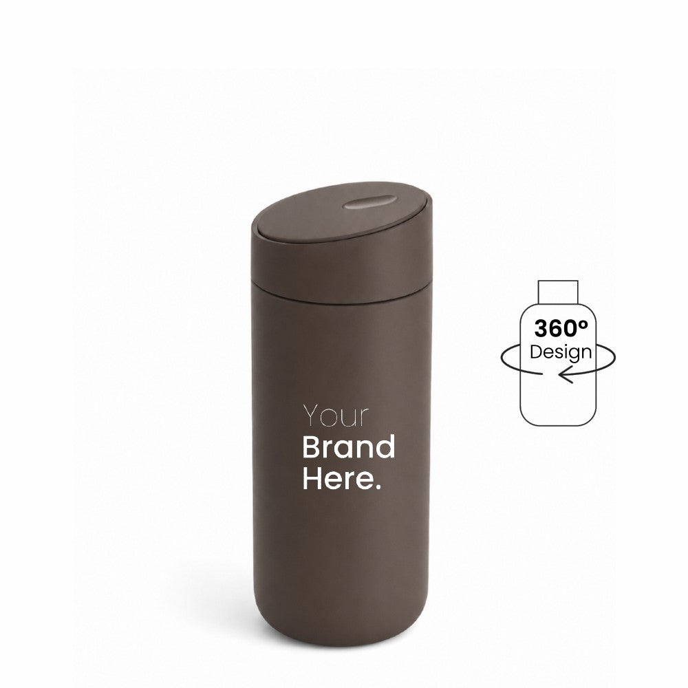 Brown custom logo stainless steel travel tumbler with "your brand here", front view on a white background