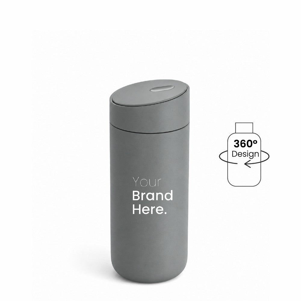 Gray custom logo stainless steel travel tumbler with "your brand here", front view on a white background