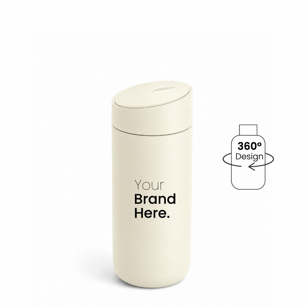 Off white custom logo stainless steel travel tumbler with "your brand here", front view on a white background