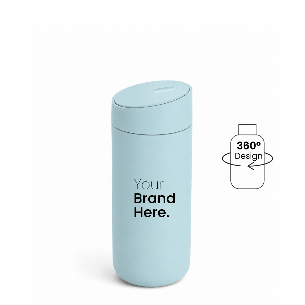 Aqua blue custom logo stainless steel travel tumbler with "your brand here", front view on a white background