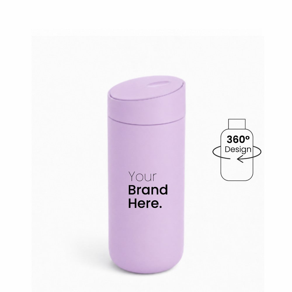 Pink custom logo stainless steel travel tumbler with "your brand here", front view on a white background