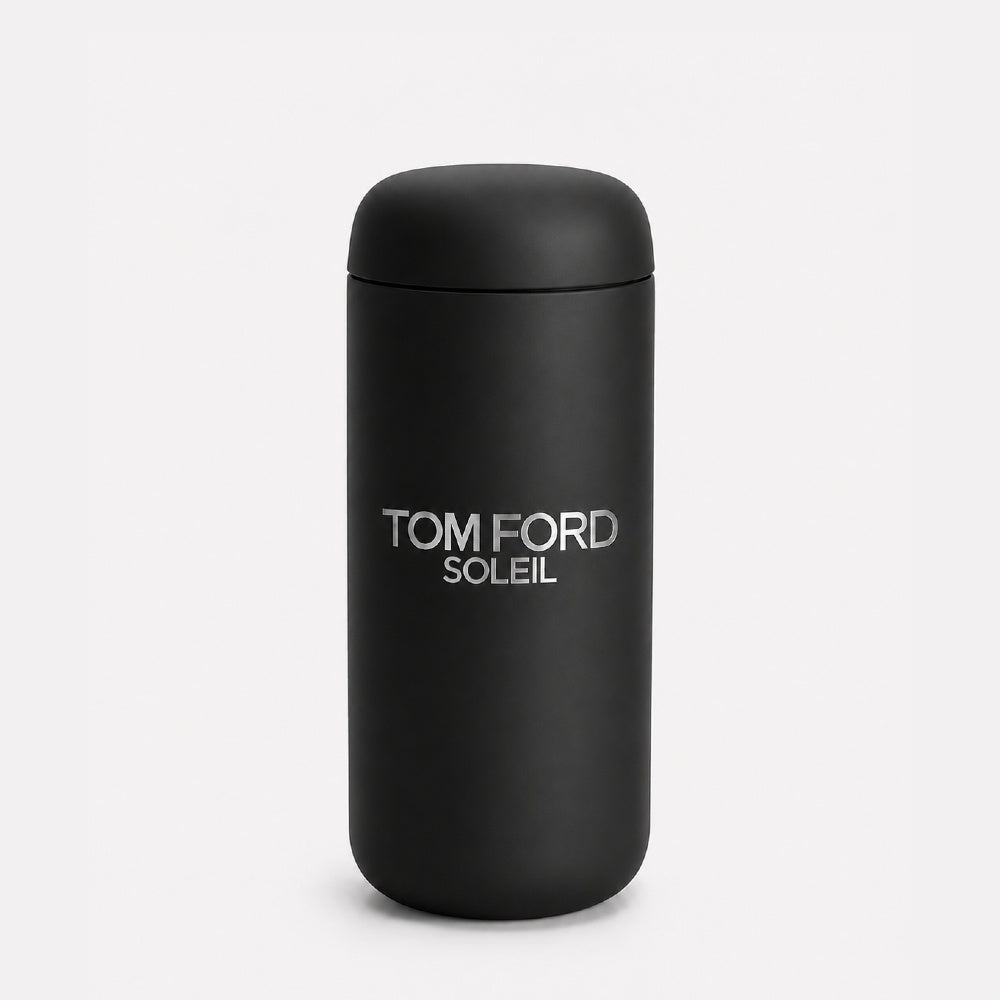 Black custom logo leakproof tumbler with Tom Ford branding on a white background, front view