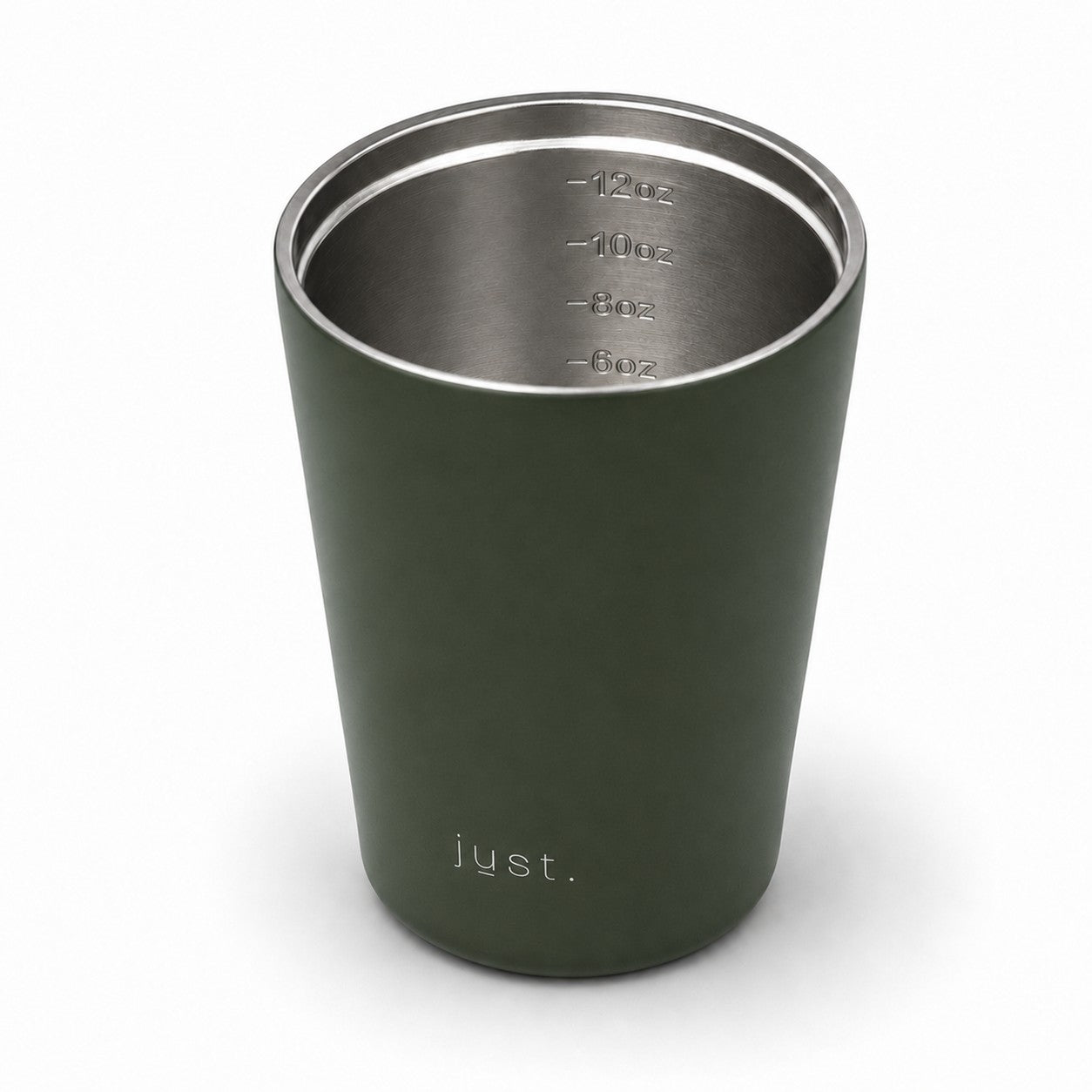 350ml (12oz) leakproof stainless steel coffee cup in dark green, lid off showing internal size markings - Just Bottle Brew Cup