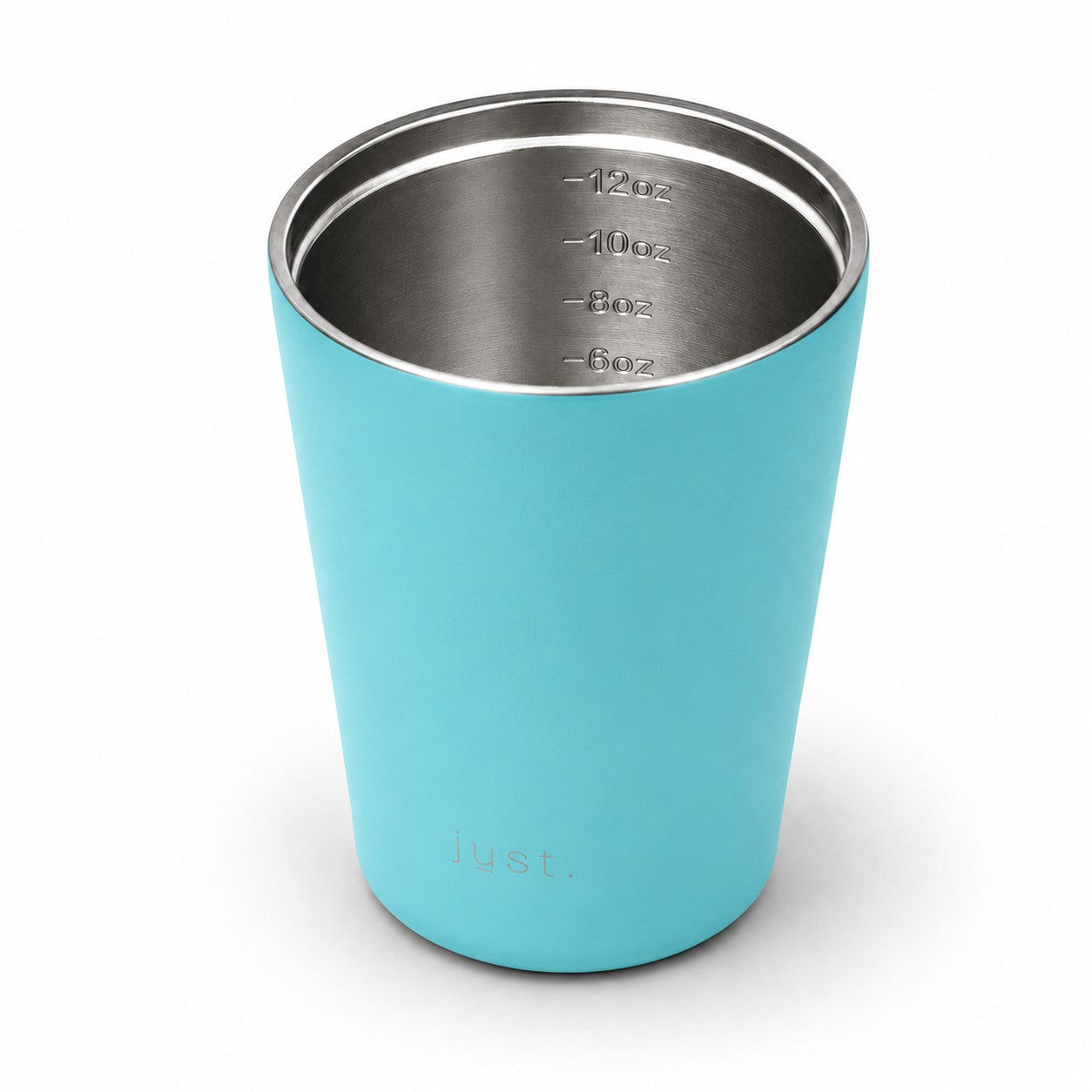 350ml (12oz) leakproof stainless steel coffee cup in light blue, lid off showing internal size markings - Just Bottle Brew Cup
