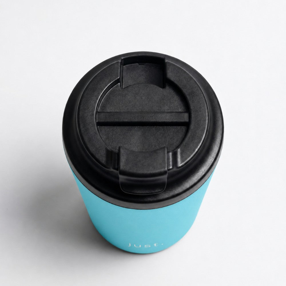 350ml (12oz) leakproof stainless steel coffee cup in light blue, top down view with lid closed - Just Bottle Brew Cup