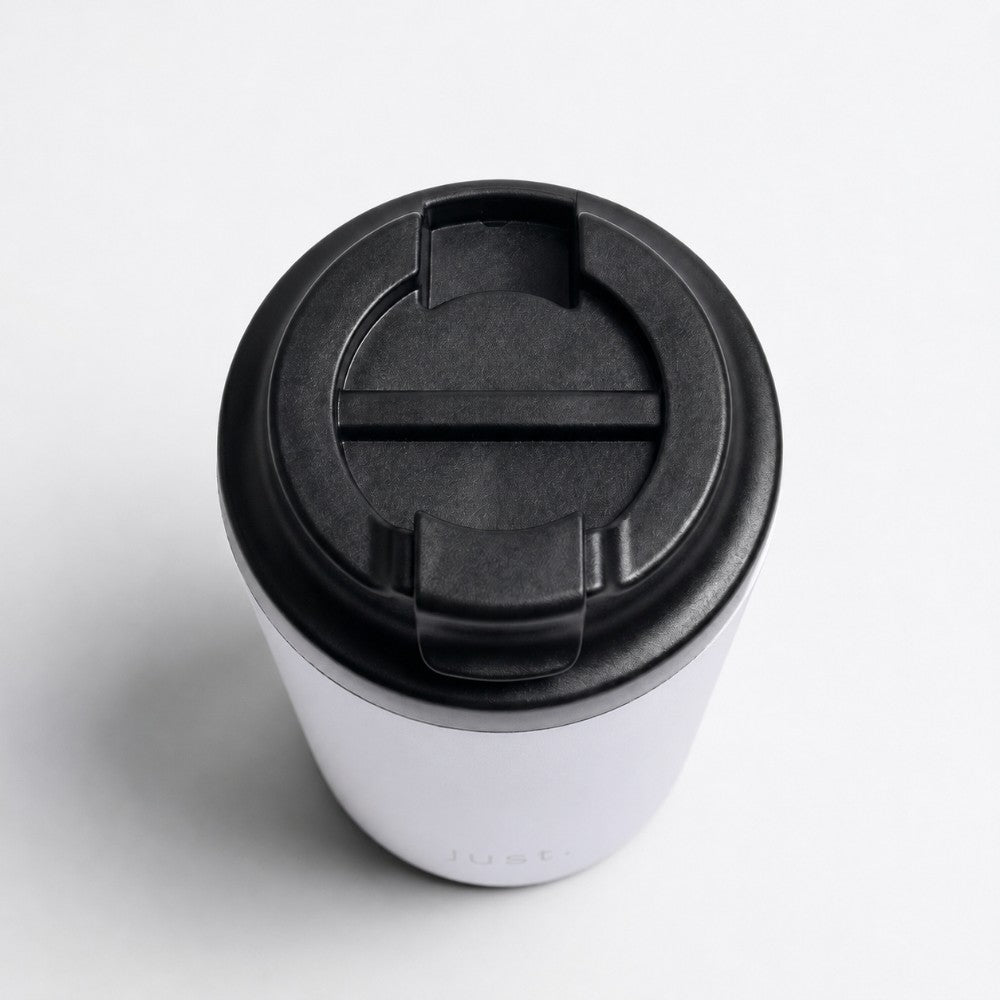 350ml (12oz) leakproof stainless steel coffee cup in white, top down view with lid closed - Just Bottle Brew Cup