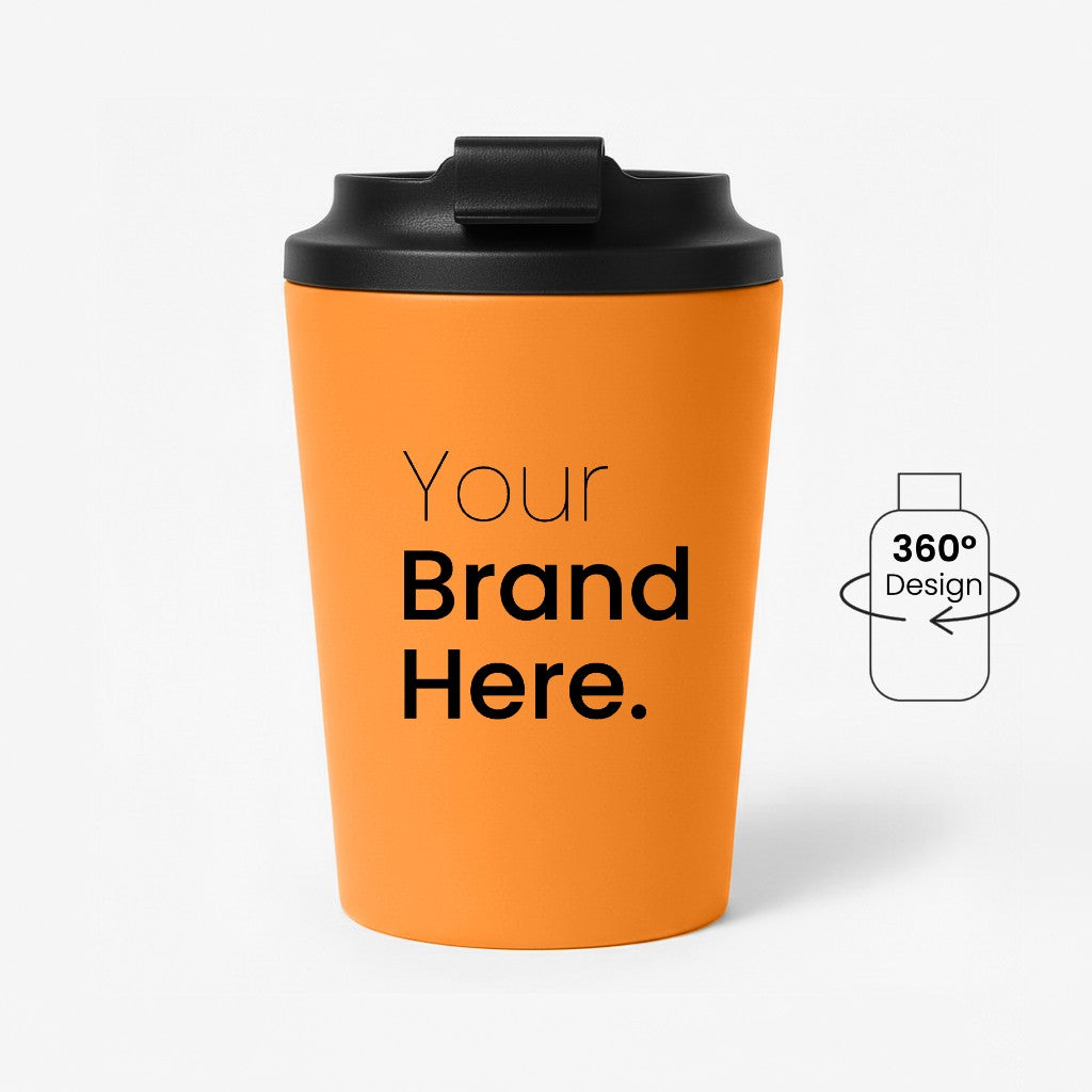 Orange 350ml 12 oz custom reusable coffee mug for corporate gifting with black lid