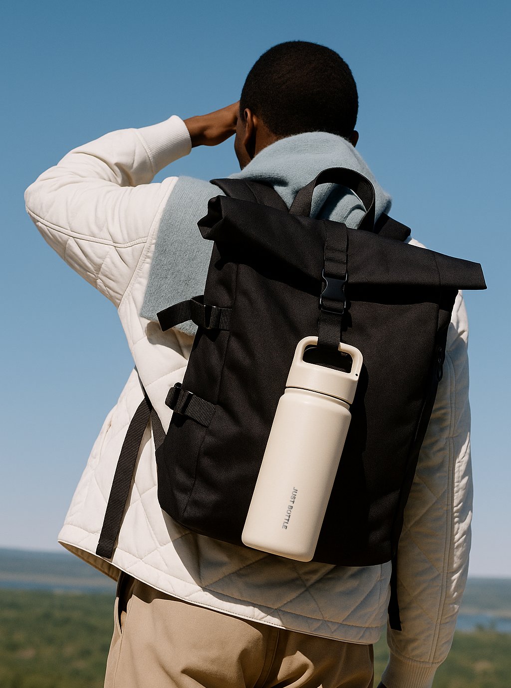 Person wearing a black backpack with Just Bottle Clipper bottle attached to the bag