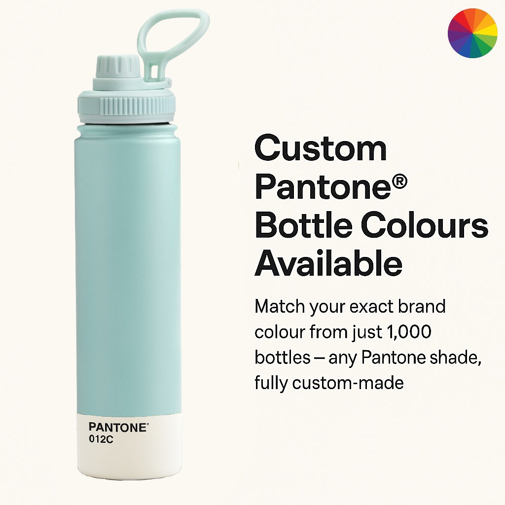 tall reusable water bottle with company logo in custom pantone colour