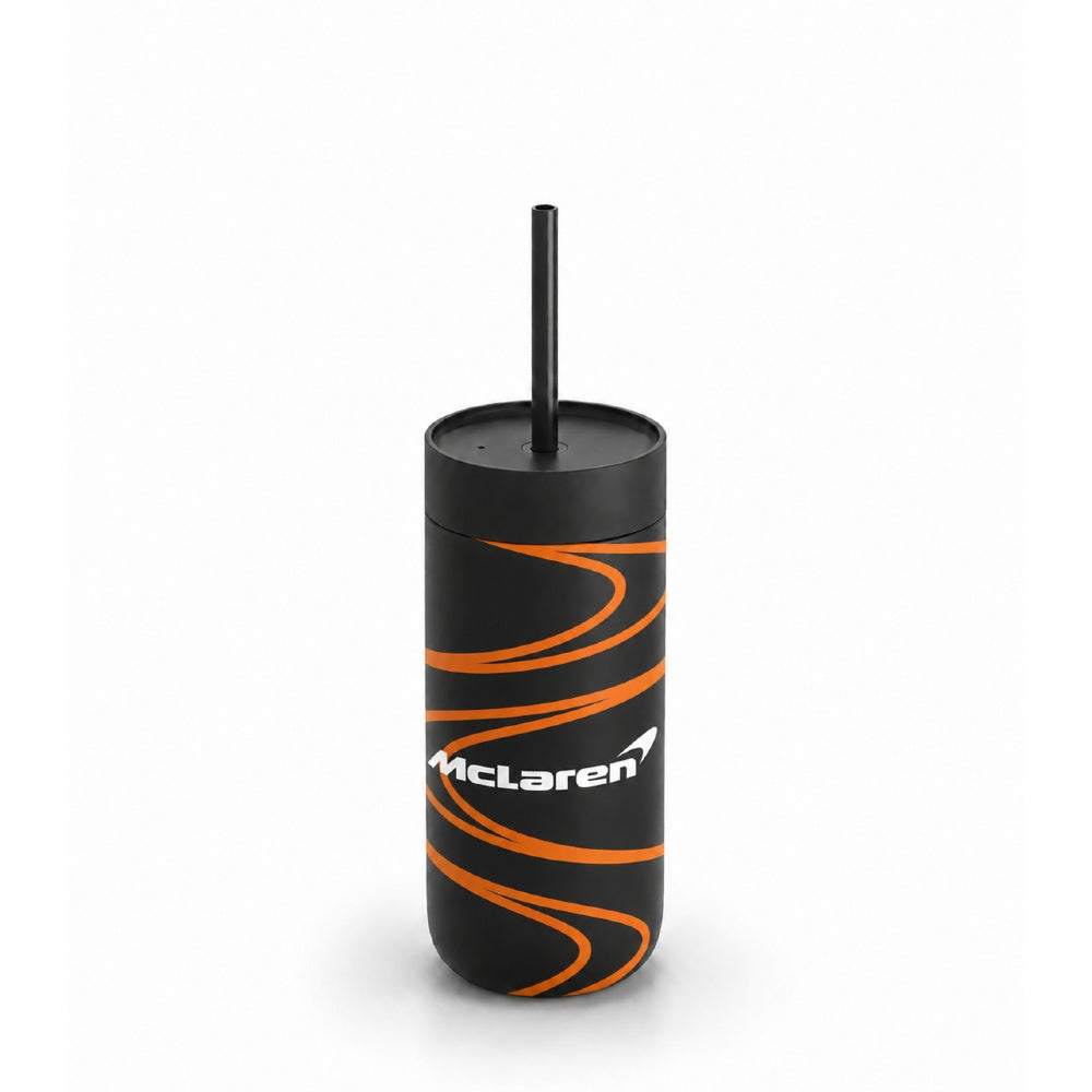 500ml 16oz Custom logo stainless steel tumbler with straw, Mclaren branding on a white background