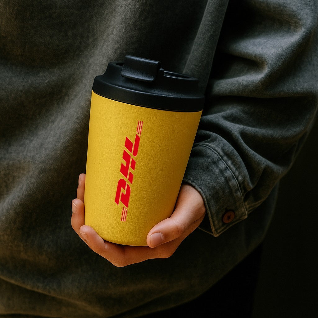 custom pantone colour coffee mug with DHL logo