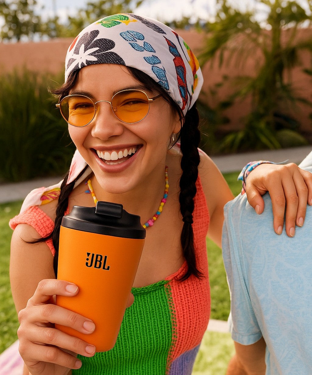 lady holding a coffee mug with business logo