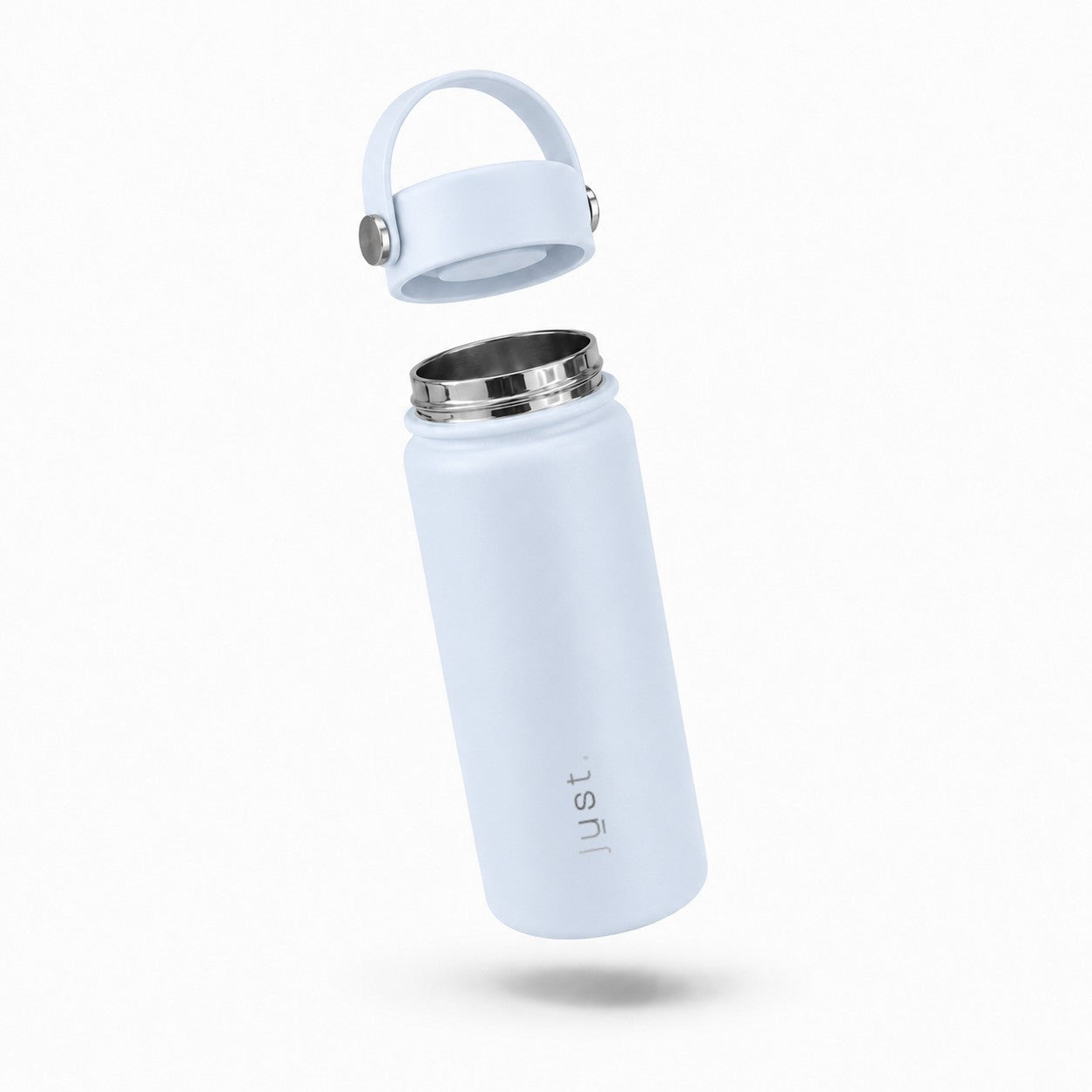Light blue 550ml stainless steel water bottle from Just Bottle with lid above the bottle