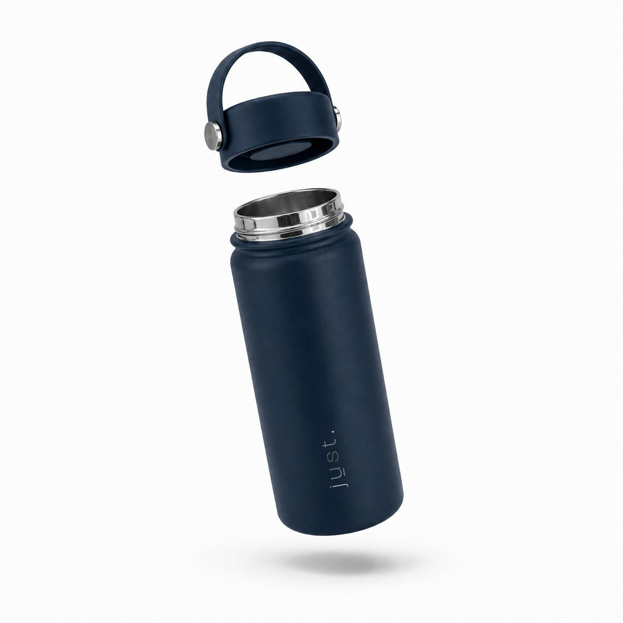 Dark blue 550ml stainless steel water bottle from Just Bottle with lid above the bottle
